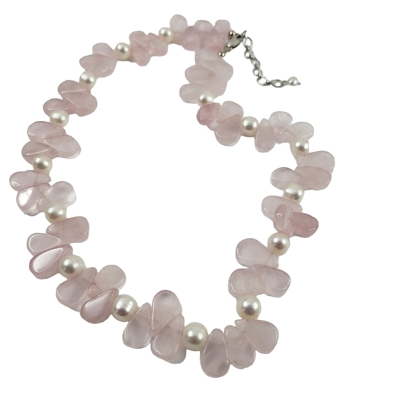 Pink quartz necklace gemstones real pearls sterling silver 925  A0322 -Q1 - Picture 4 of 8